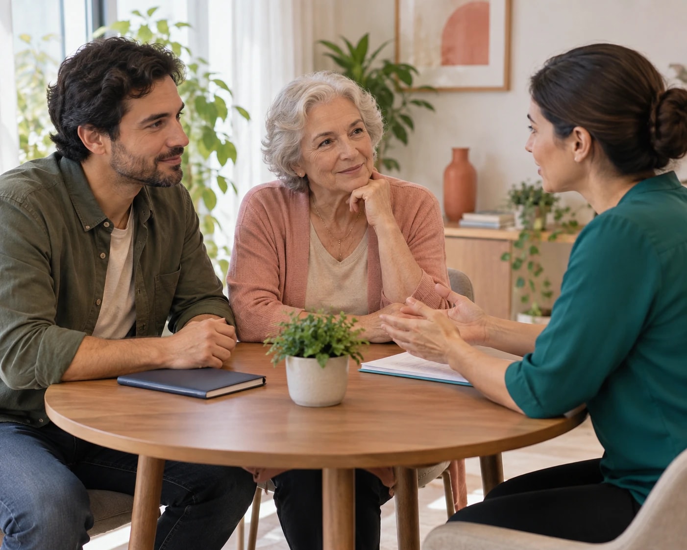 Cena ilustrativa de uma família conversando com uma profissional sobre o acolhimento de uma pessoa idosa