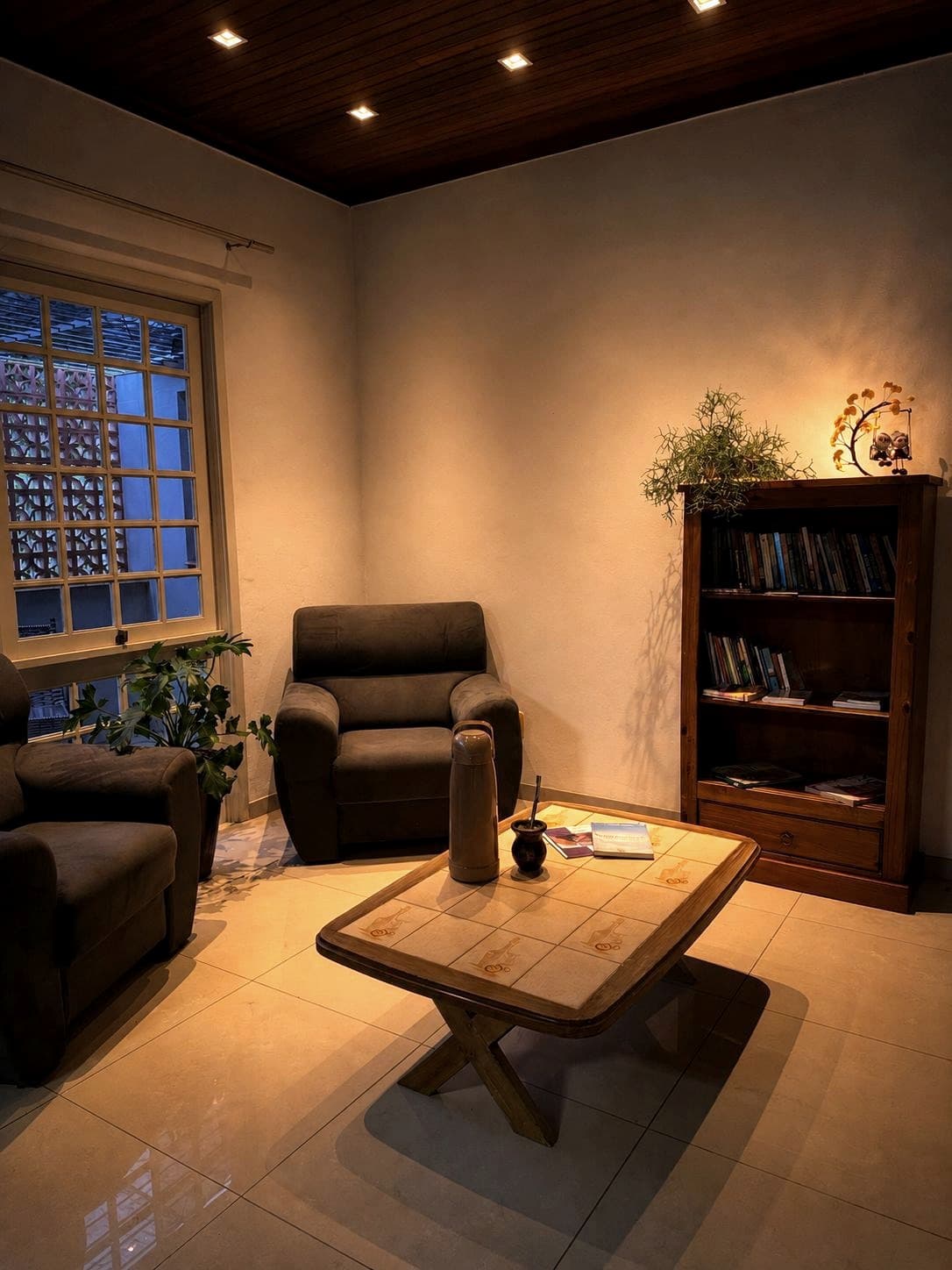 Sala de convivência do Lar Bom Jardim com poltronas, mesa e estante